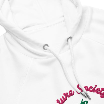 A close-up of The Geneva Visionary Hoodie embroidery, showing the green and blue "Future Society" text and green thunder symbol above the heart logo.