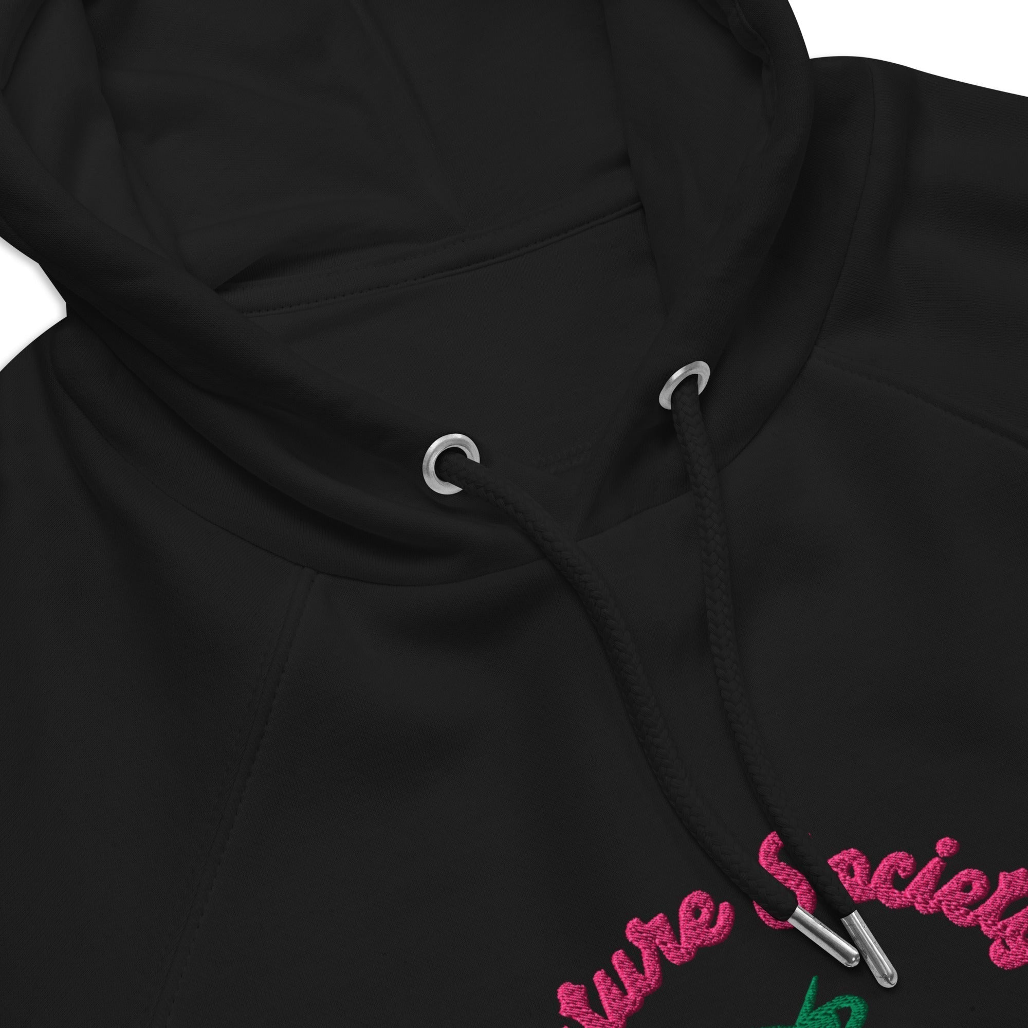 A close-up of The Geneva Visionary Hoodie embroidery, showing the green and blue 