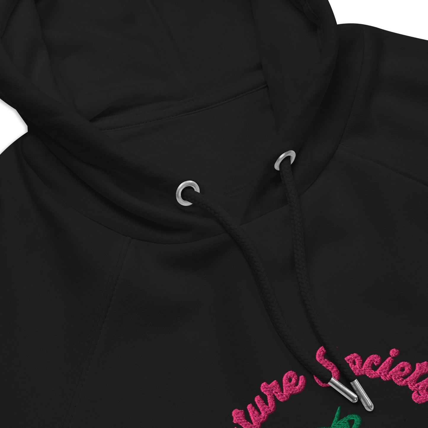 A close-up of The Geneva Visionary Hoodie embroidery, showing the green and blue "Future Society" text and green thunder symbol above the heart logo.