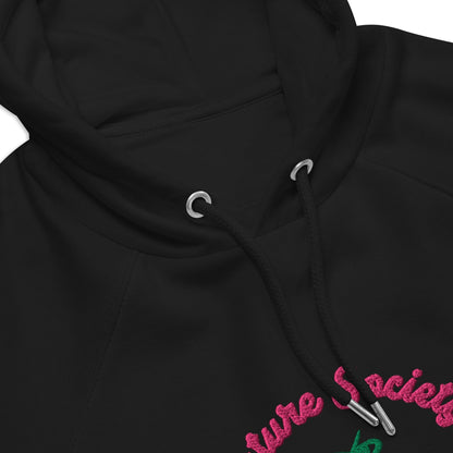 A close-up of The Geneva Visionary Hoodie embroidery, showing the green and blue "Future Society" text and green thunder symbol above the heart logo.