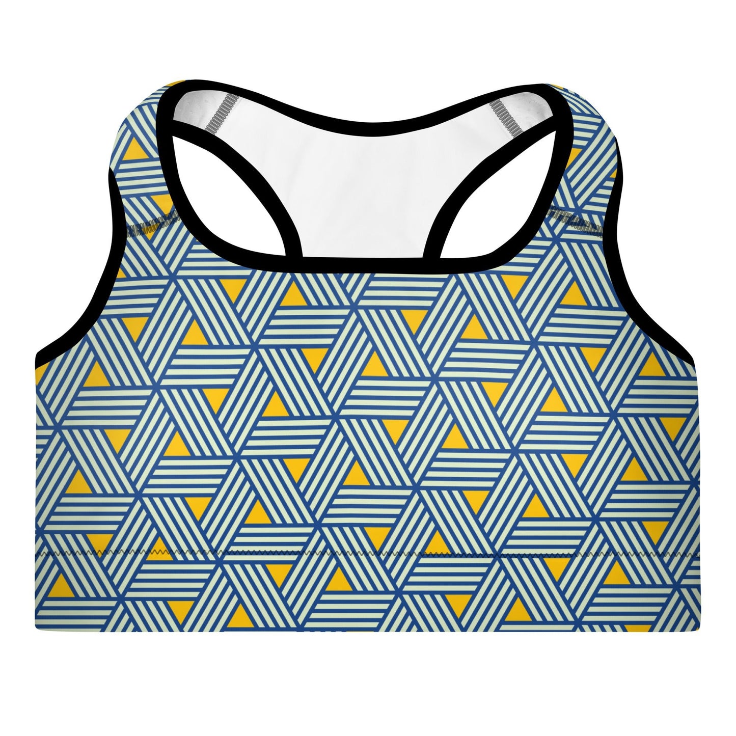 Geneva Performance Bra featuring a pattern of interweaved blue lines in yellow background.