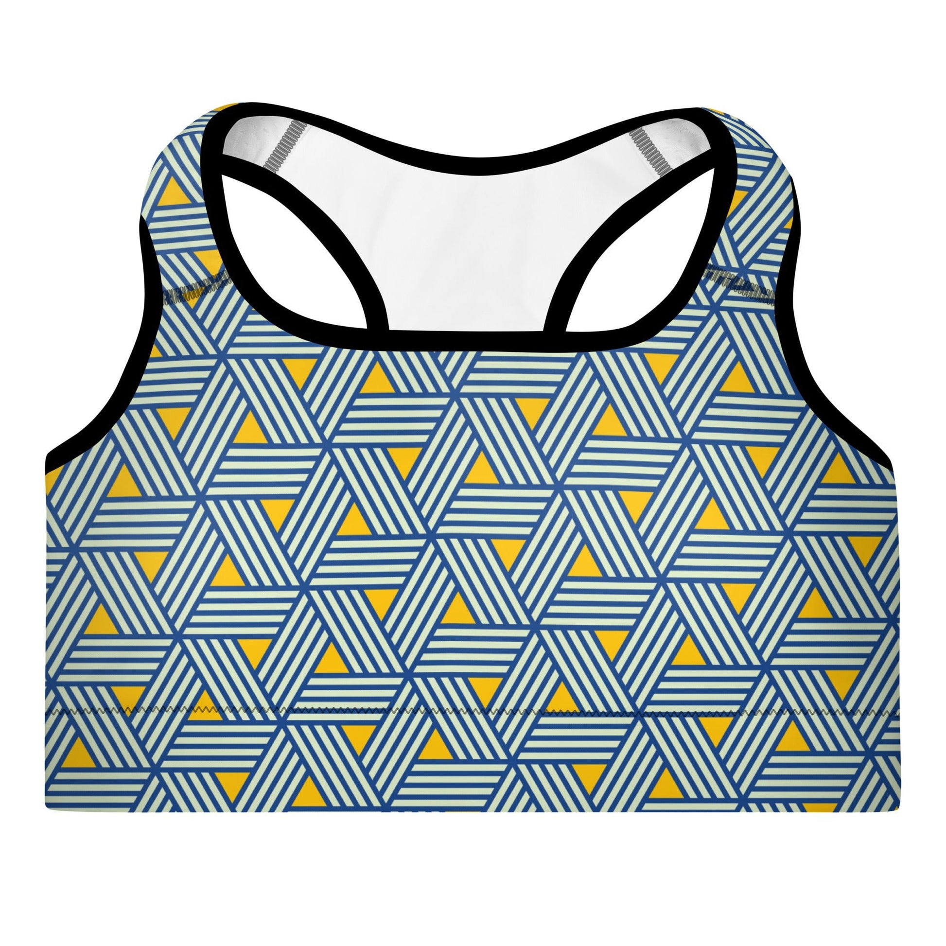 Geneva Performance Bra featuring a pattern of interweaved blue lines in yellow background.