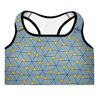 Geneva Performance Bra featuring a pattern of interweaved blue lines in yellow background.