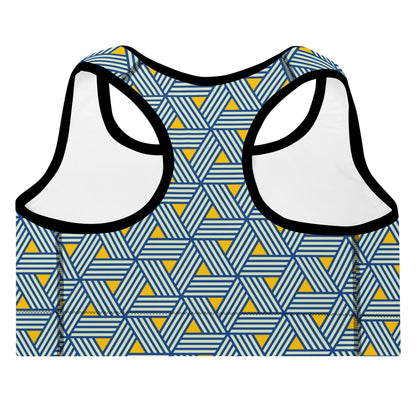 Geneva Performance Bra featuring a pattern of interweaved blue lines in yellow background.