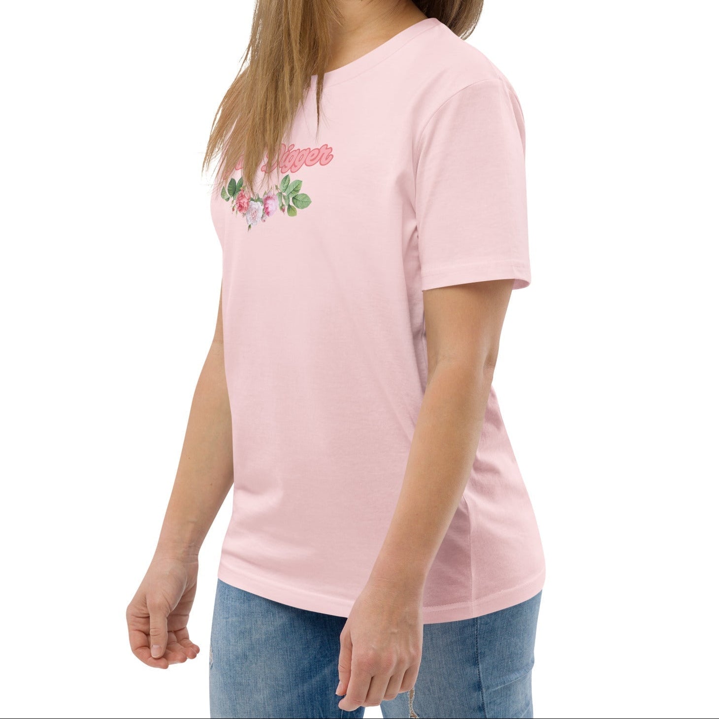 A model wearing The Goal Digger Tee in 100% organic cotton, showing the 