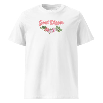 A close-up of The Goal Digger Tee, showing the "Goal Digger" text and the detailed floral arrangement printed on the premium organic cotton fabric.
