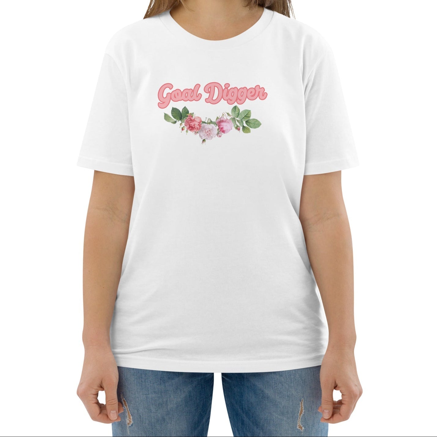A model wearing The Goal Digger Tee in 100% organic cotton, showing the 