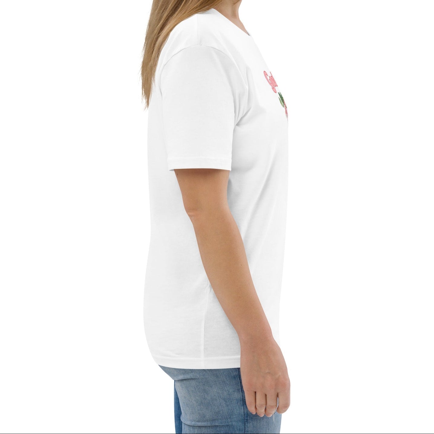 A model wearing The Goal Digger Tee in 100% organic cotton, showing the 