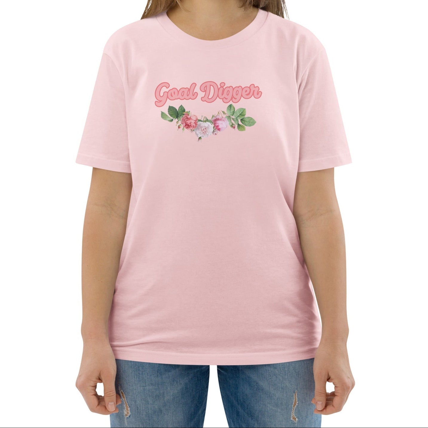 A model wearing The Goal Digger Tee in 100% organic cotton, showing the 