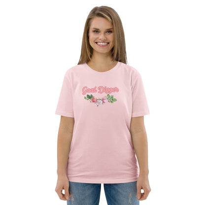 A model wearing The Goal Digger Tee in 100% organic cotton, showing the "Goal Digger" text and arched floral print on the front.