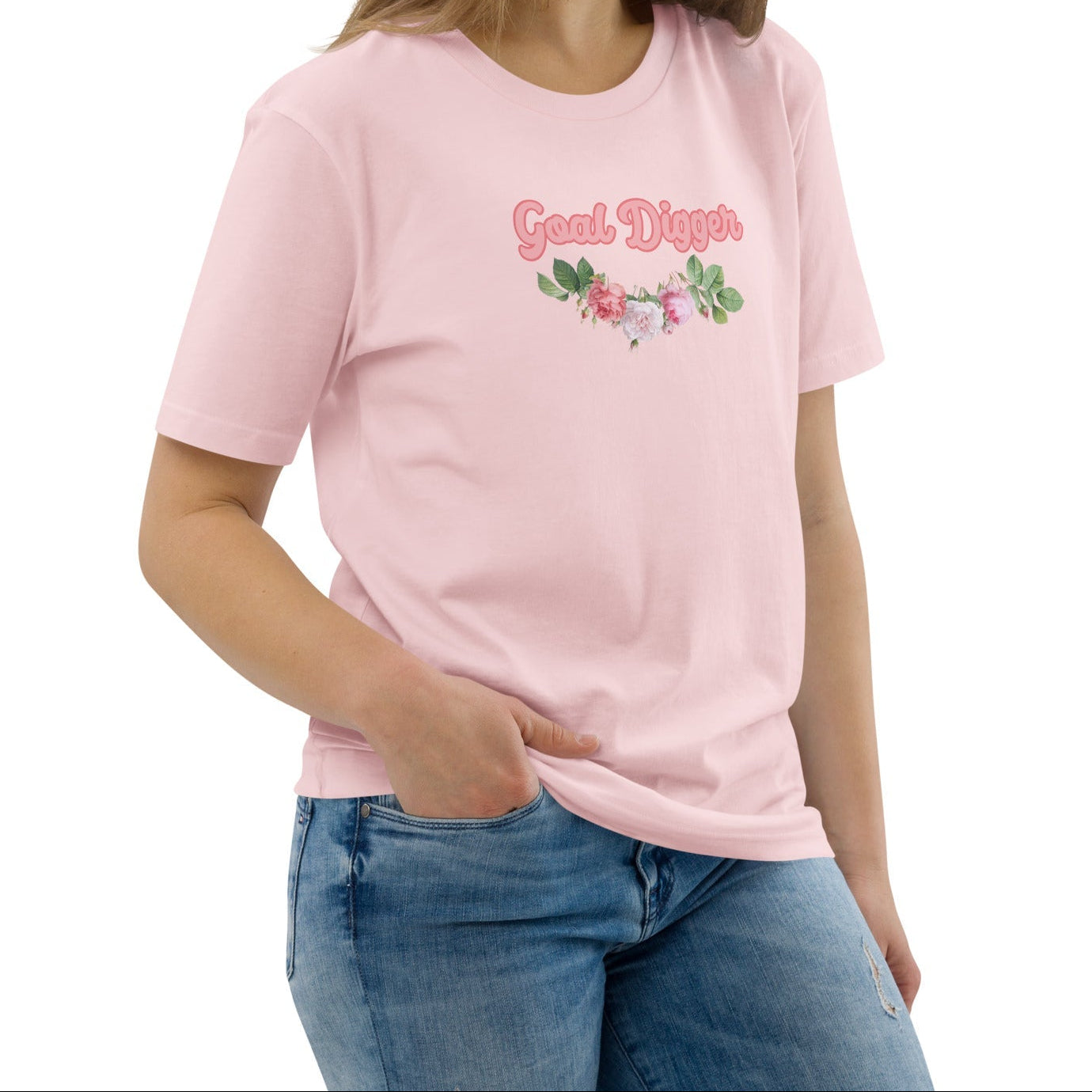 A model wearing The Goal Digger Tee in 100% organic cotton, showing the 
