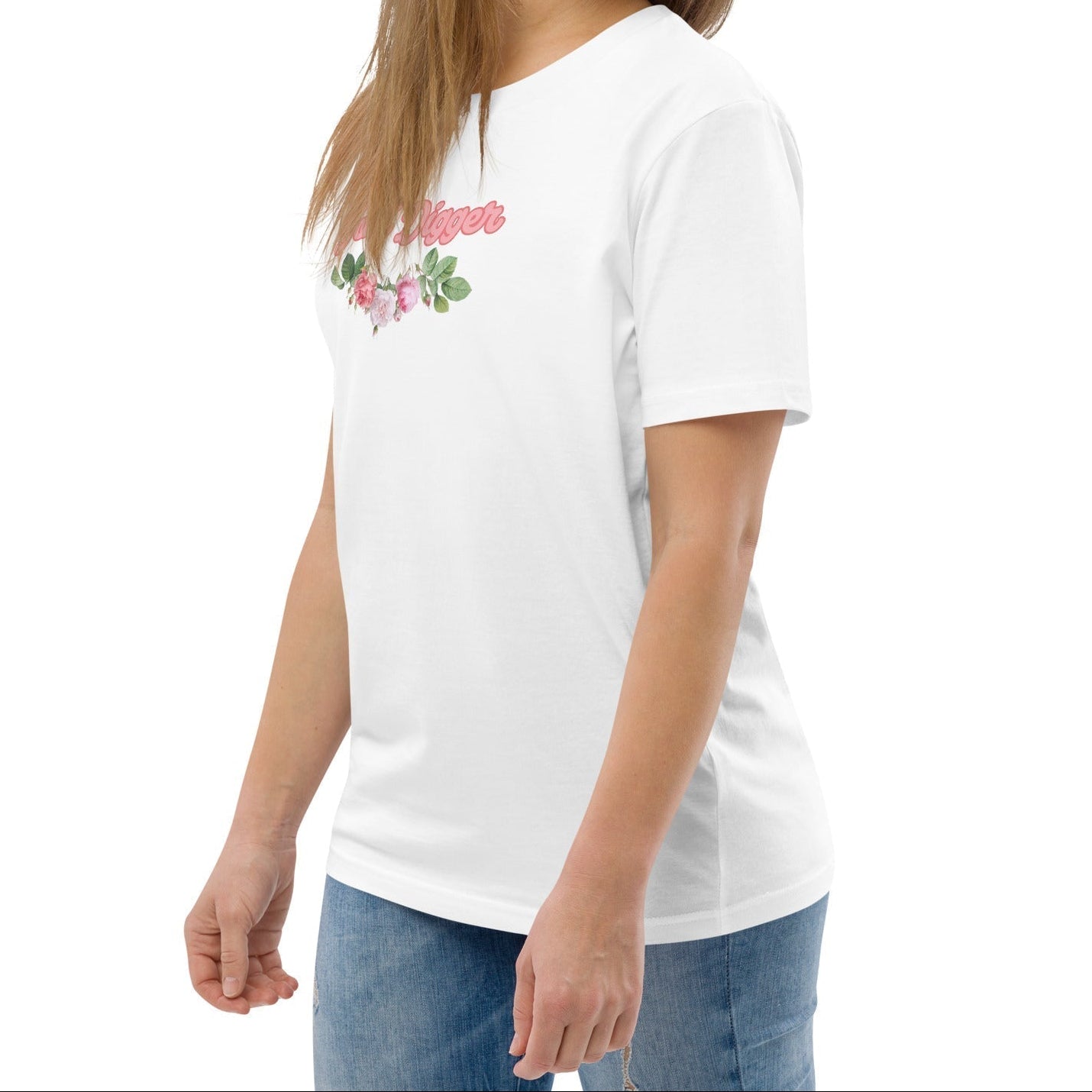 A model wearing The Goal Digger Tee in 100% organic cotton, showing the 