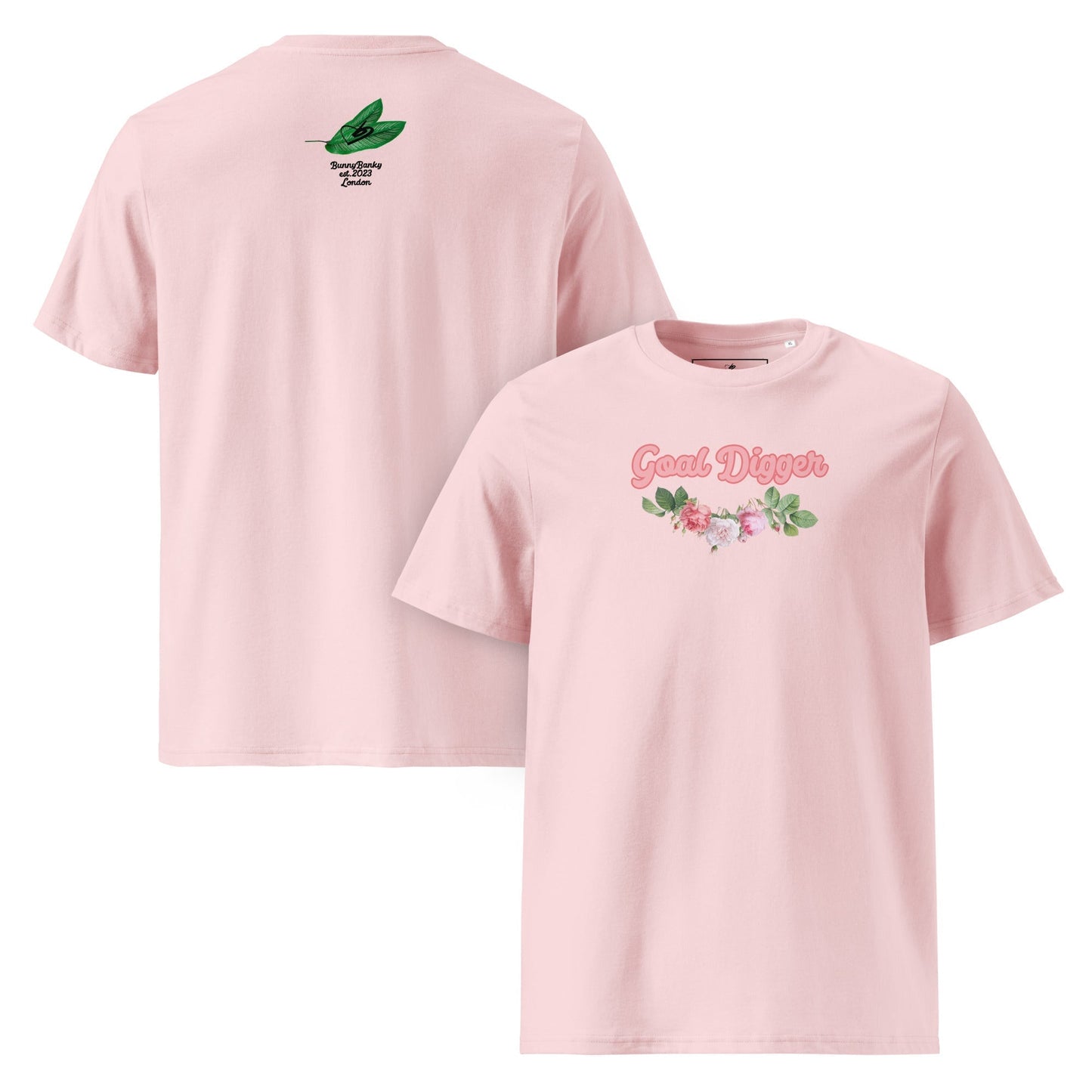 A close-up of The Goal Digger Tee, showing the "Goal Digger" text and the detailed floral arrangement printed on the premium organic cotton fabric.