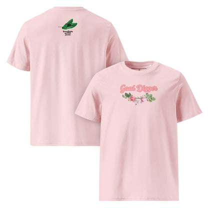 A close-up of The Goal Digger Tee, showing the "Goal Digger" text and the detailed floral arrangement printed on the premium organic cotton fabric.