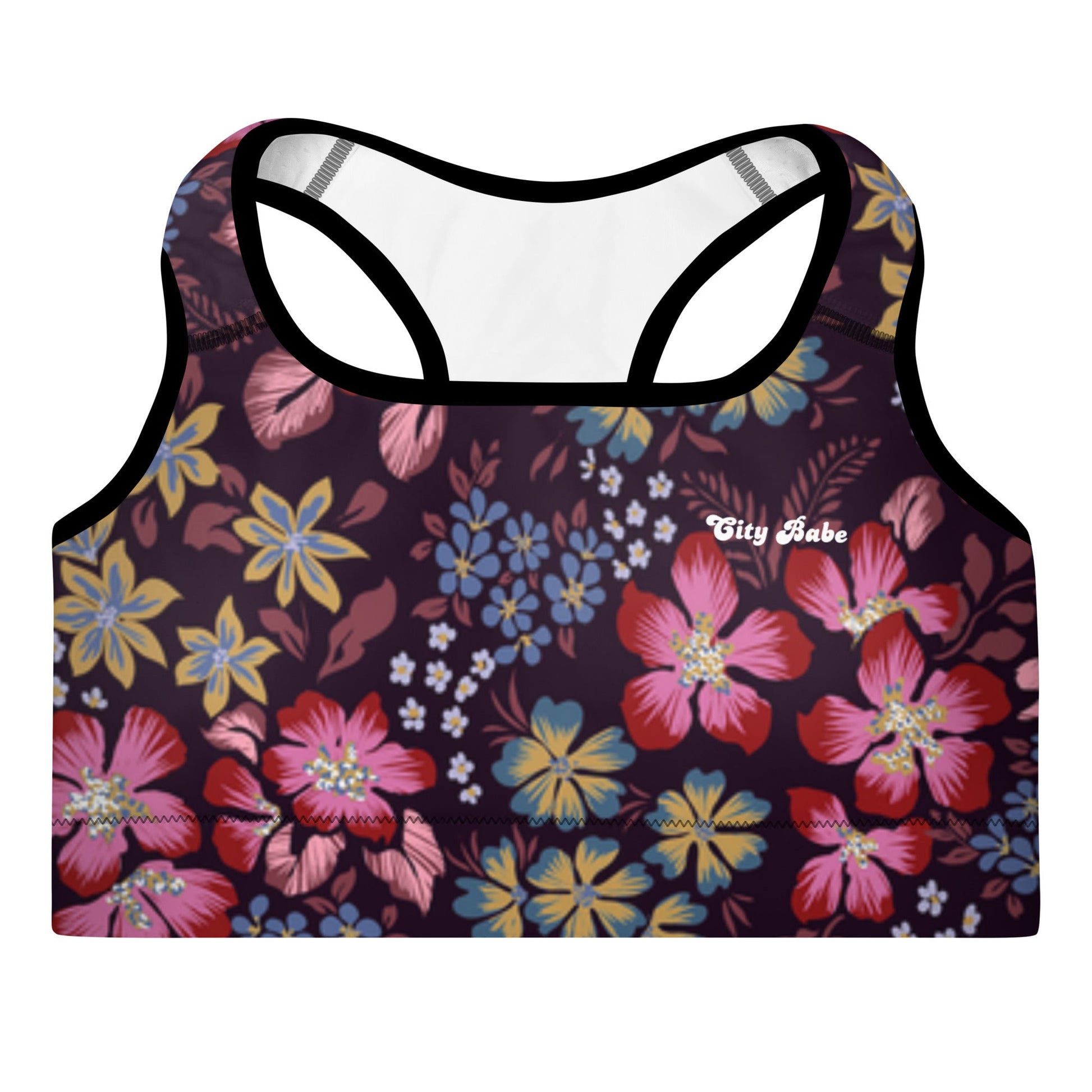  the Green Park Performance Bra in blue, pink, yellow floral pattern on burgundy background