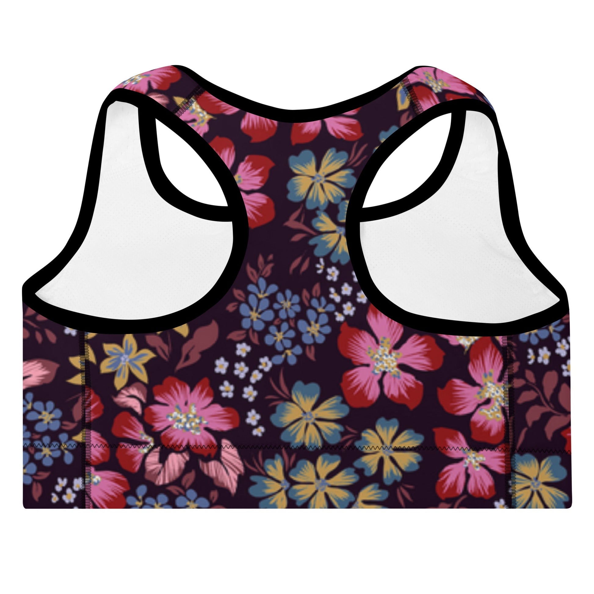  the Green Park Performance Bra in blue, pink, yellow floral pattern on burgundy background