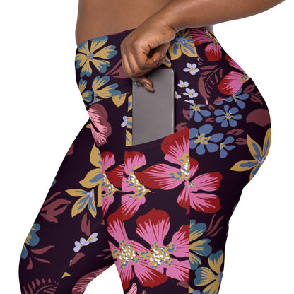 model wearing the Green Park  sculpt leggings in blue, pink, yellow floral pattern on burgundy background