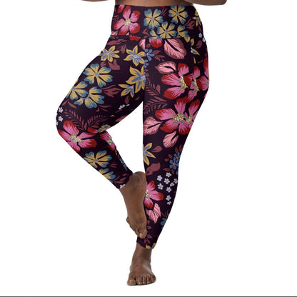 model wearing the Green Park  sculpt leggings in blue, pink, yellow floral pattern on burgundy background