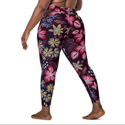 model wearing the Green Park  sculpt leggings in blue, pink, yellow floral pattern on burgundy background