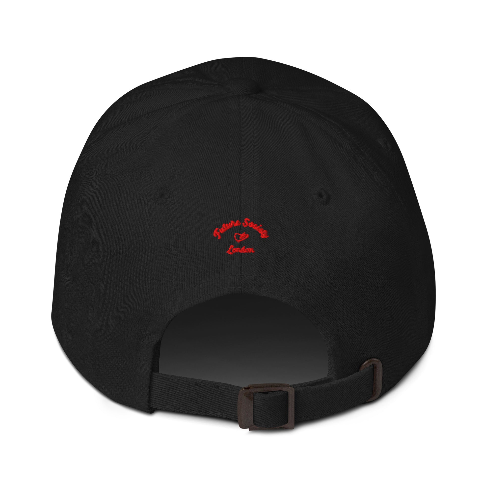 A close up of The Heritage Cap in black showing the heritage branded signature embroidered in red