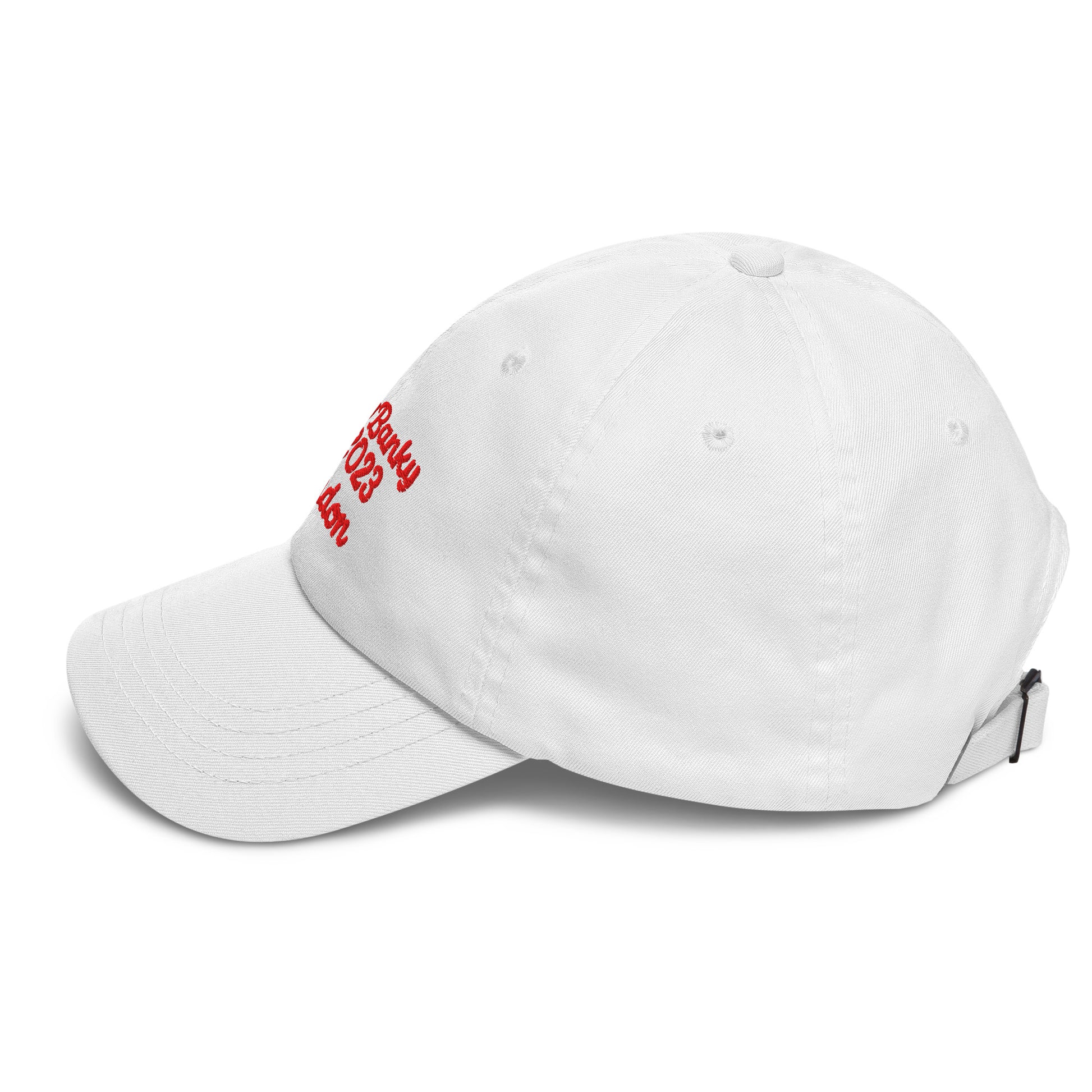 A close up of The Heritage Cap in white showing the heritage branded signature embroidered in red