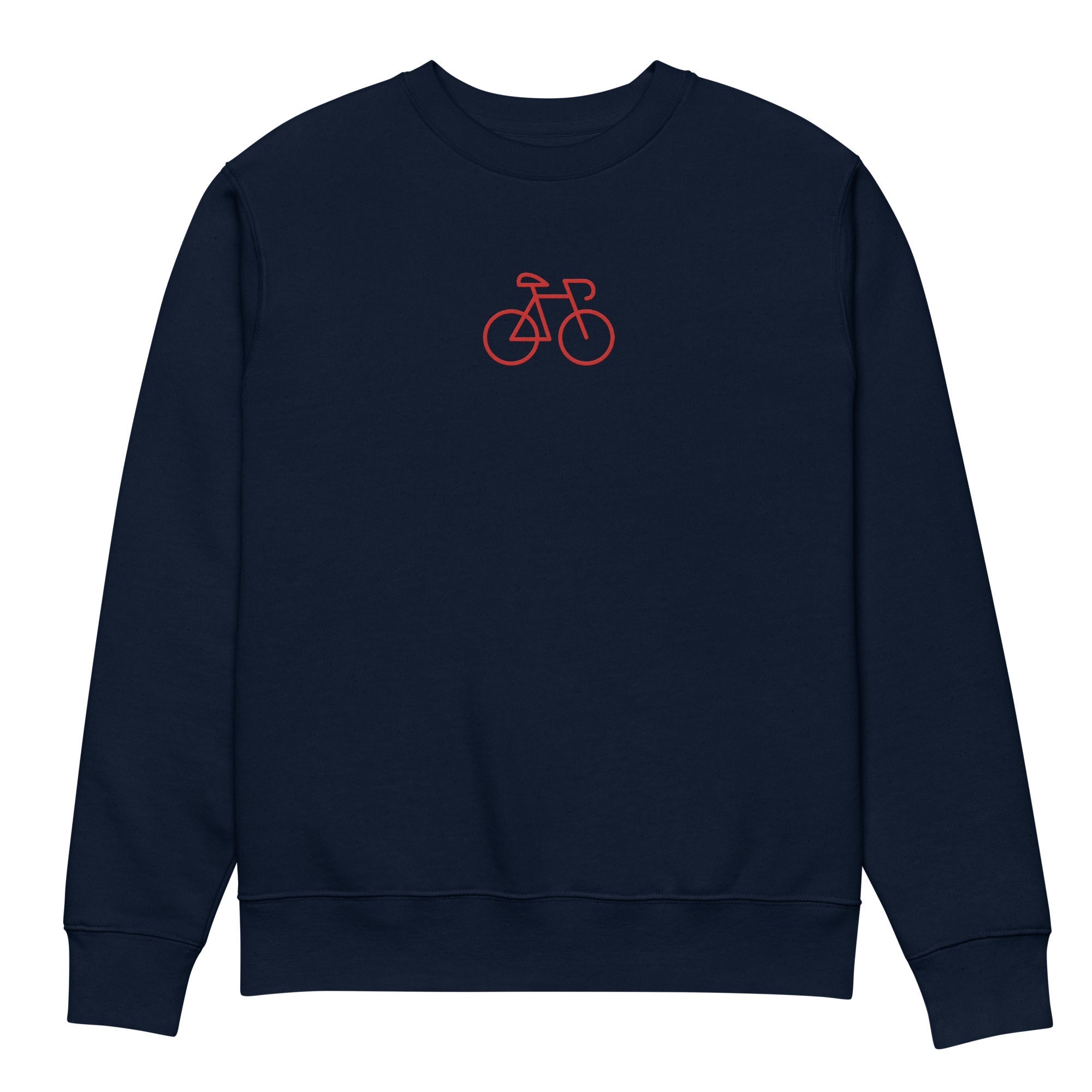A close-up of The Holborn Sweatshirt, highlighting the beautifully embroidered red bicycle and the luxurious texture of the organic cotton fabric.