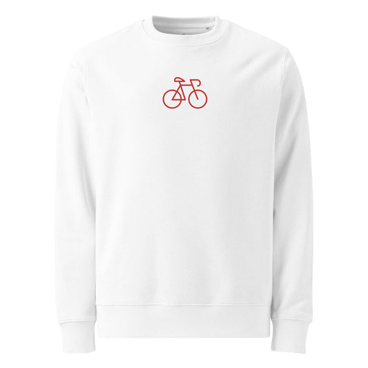 A close-up of The Holborn Sweatshirt, highlighting the beautifully embroidered red bicycle and the luxurious texture of the organic cotton fabric.