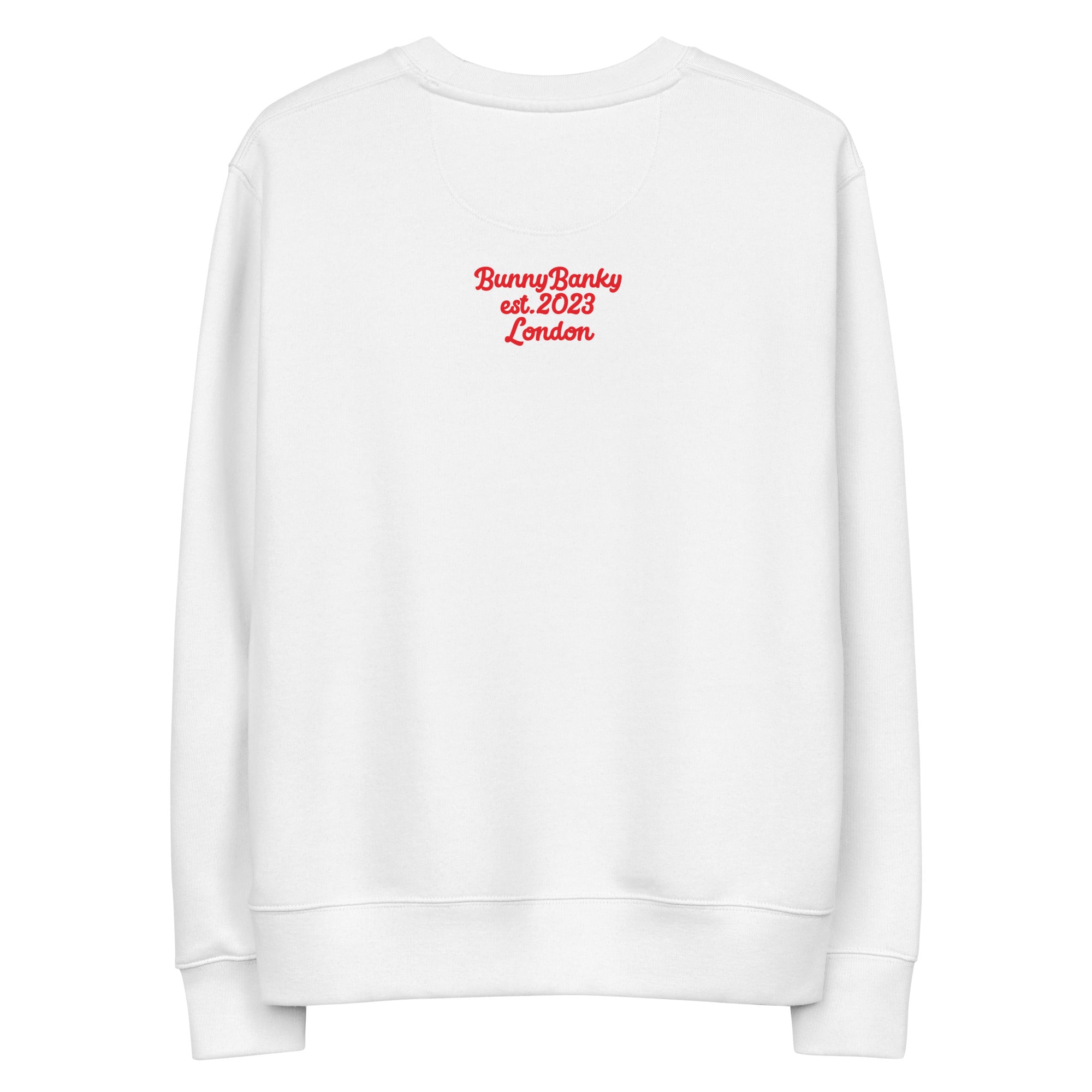 A close-up of The Holborn Sweatshirt, highlighting the beautifully printed red heritage logo and the luxurious texture of the organic cotton fabric.