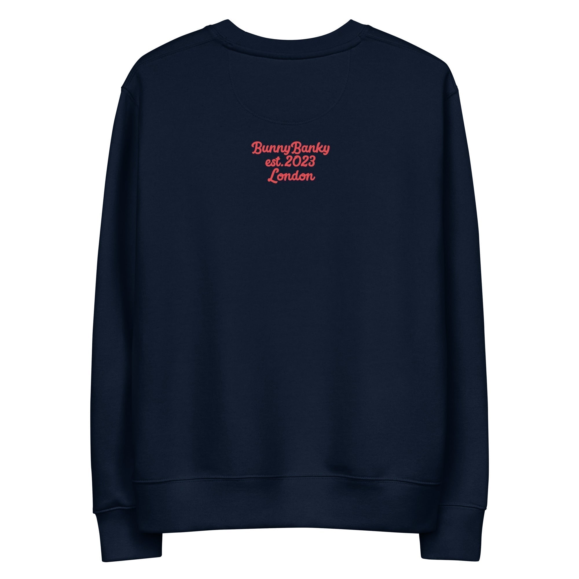 A close-up of The Holborn Sweatshirt, highlighting the beautifully printed red heritage logo and the luxurious texture of the organic cotton fabric.