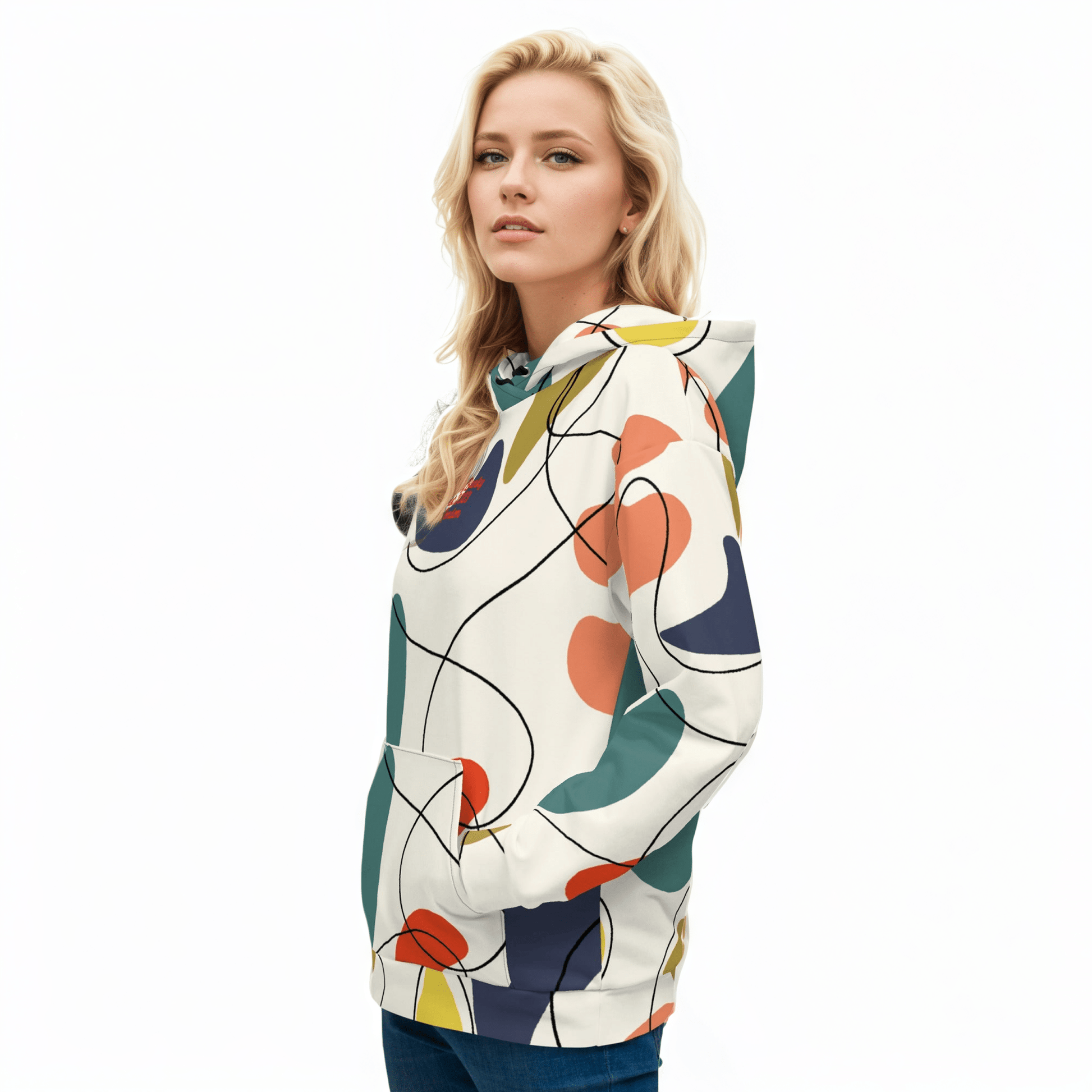 A model wearing The Joie de Vie Hoodie, showing the relaxed, oversized unisex fit and the vibrant Suprematist-inspired geometric print.