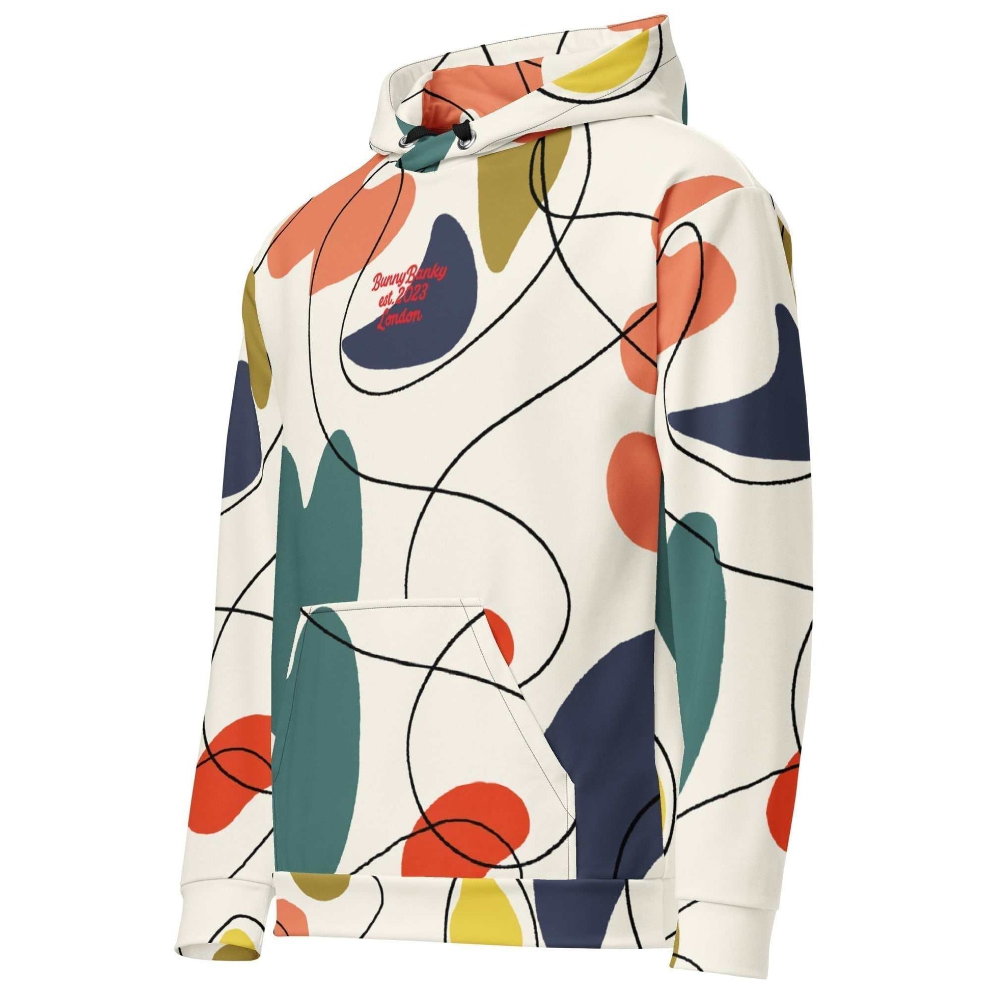 A close-up of The Joie de Vie Hoodie's print, highlighting the sharp geometric shapes and vibrant colours of the Suprematist-inspired abstract art on the recycled polyester fabric.