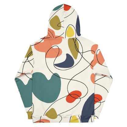 A close-up of The Joie de Vie Hoodie's print, highlighting the sharp geometric shapes and vibrant colours of the Suprematist-inspired abstract art on the recycled polyester fabric.