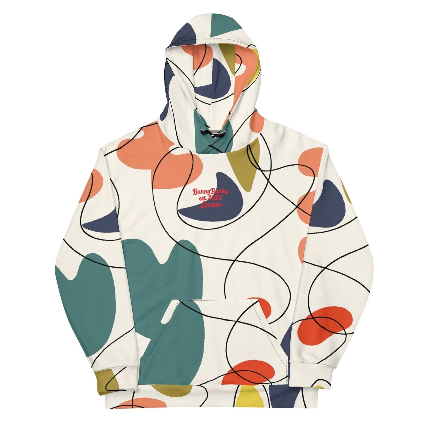 A close-up of The Joie de Vie Hoodie's print, highlighting the sharp geometric shapes and vibrant colours of the Suprematist-inspired abstract art on the recycled polyester fabric.