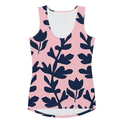 A close up of the Kensington Performance Tank featuring navy blue floral pattern on soft pink fabric.