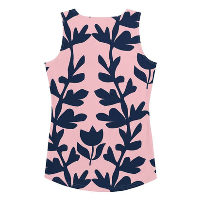 A close up of the Kensington Performance Tank featuring navy blue floral pattern on soft pink fabric.