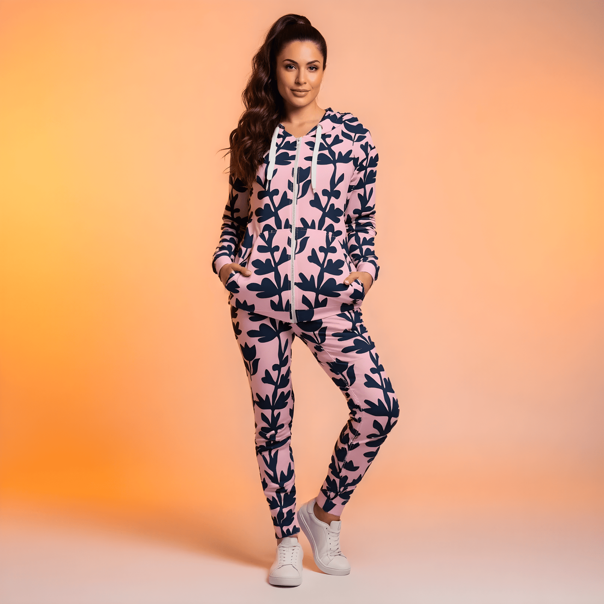 A model wearing The Kensington Zip Hoodie, showing the full-zip closure and the oversized pink and blue floral print across the recycled polyester fabric.