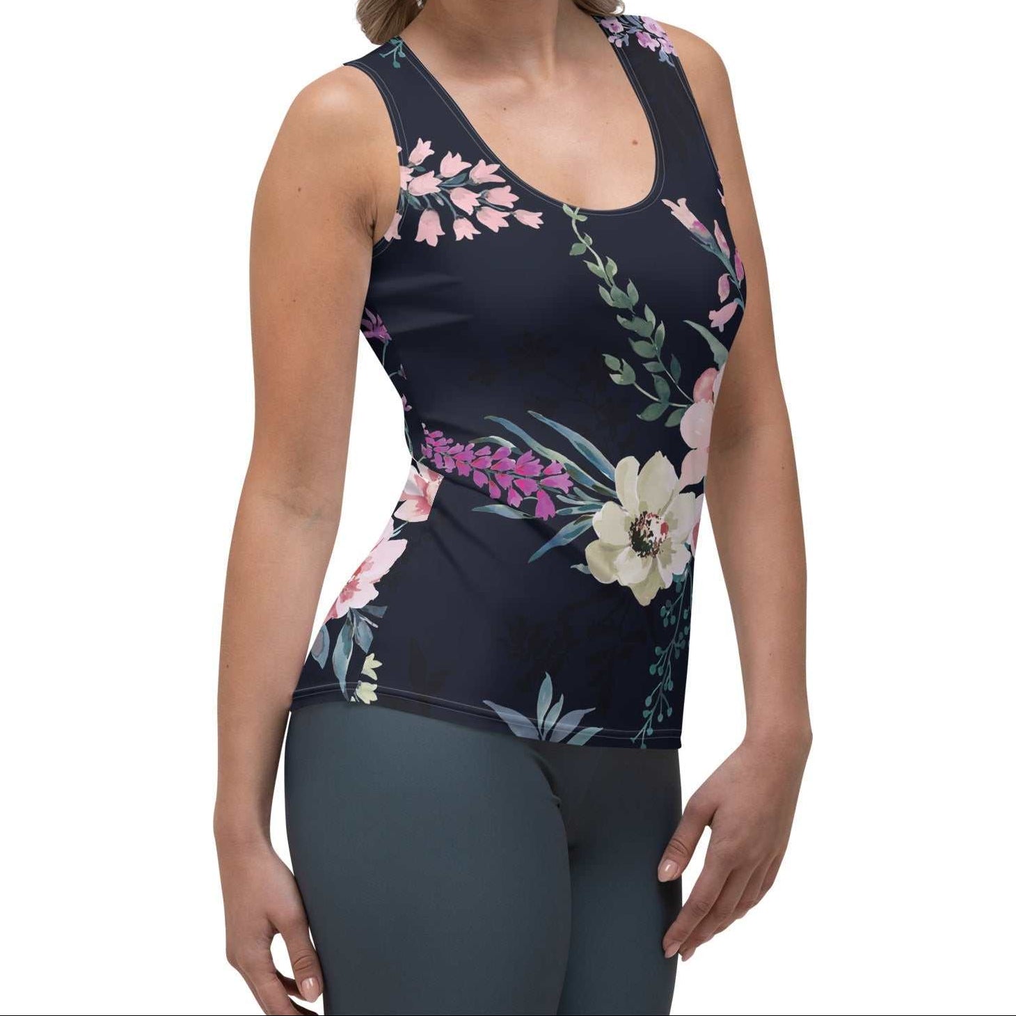 Model wearing the  kew botanical performance tank by BunnyBankY