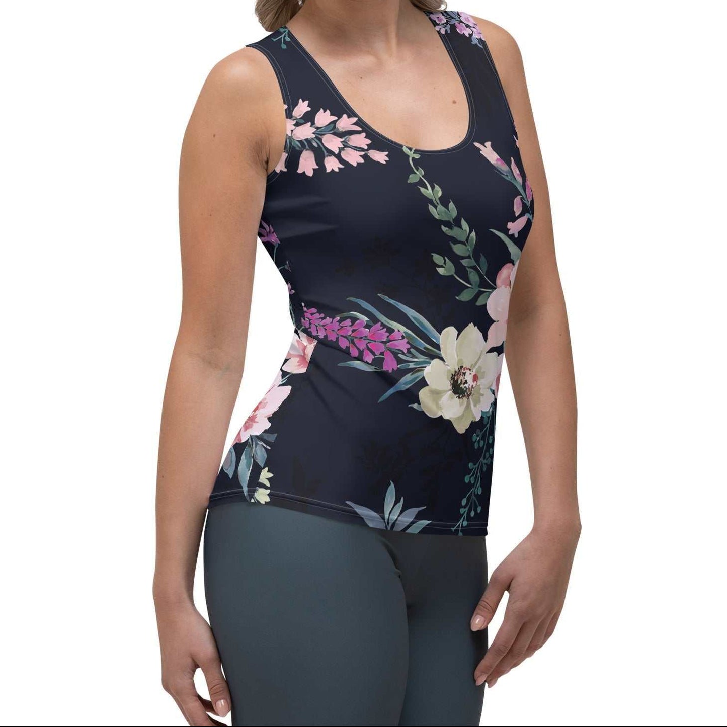 Model wearing the  kew botanical performance tank by BunnyBankY