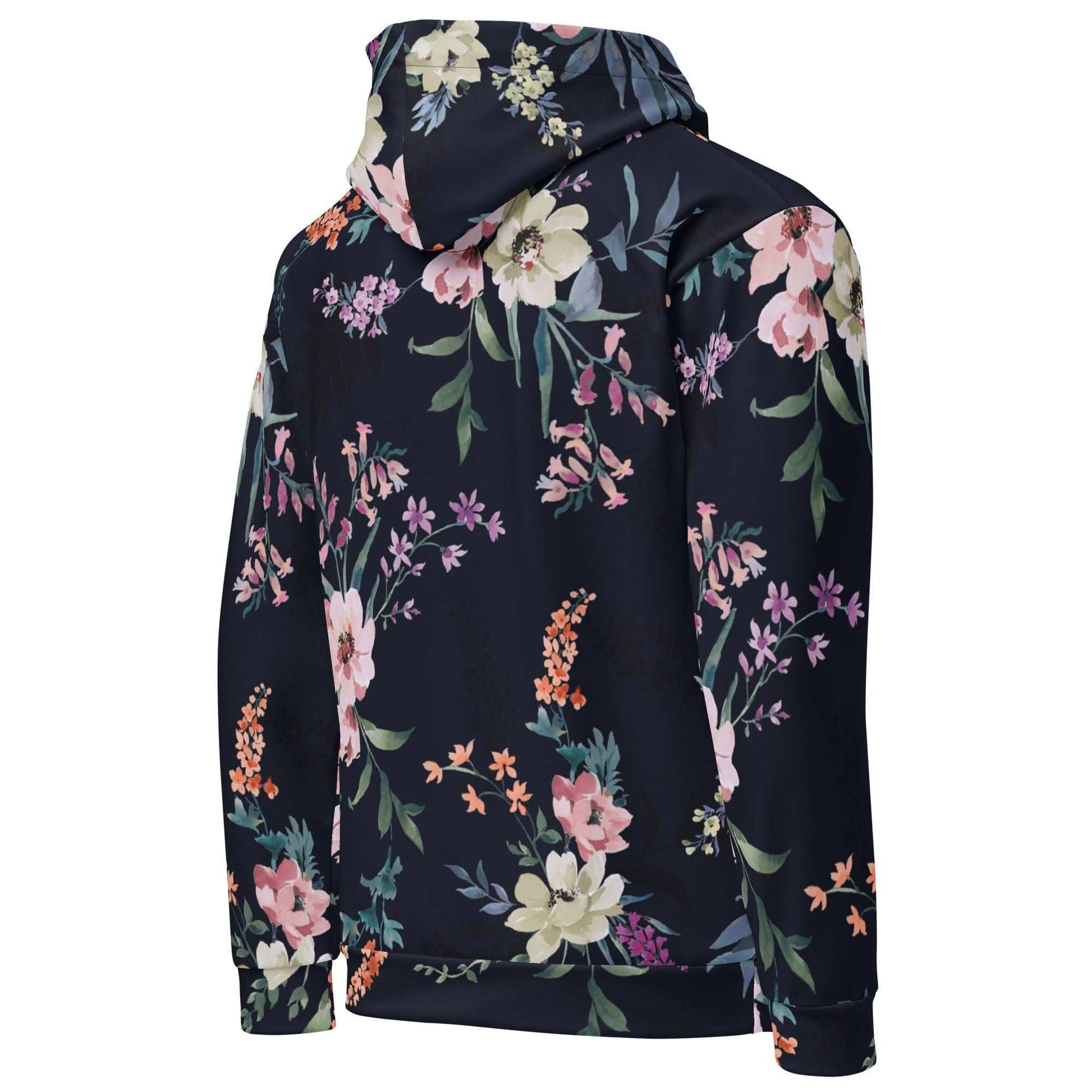 Side view of the Kew Botanical Hoodie against a white background, showcasing the intricate navy and blush wildflower print and the white BunnyBankY London arched branding.