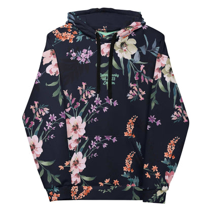 Front view of the Kew Botanical Hoodie against a white background, showcasing the intricate navy and blush wildflower print and the white BunnyBankY London arched branding.