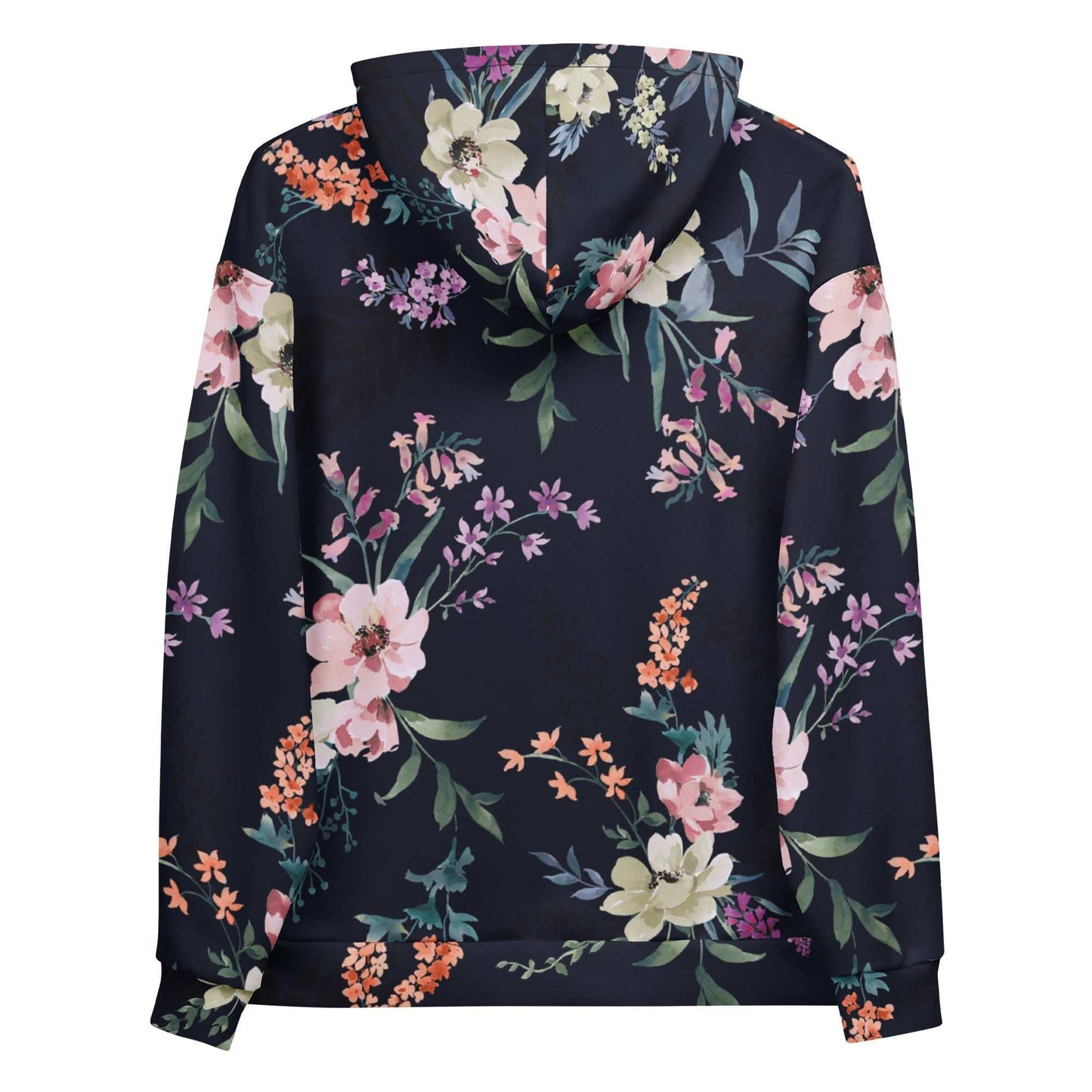 Back view of the Kew Botanical Hoodie against a white background, showcasing the intricate navy and blush wildflower print and the white BunnyBankY London arched branding.