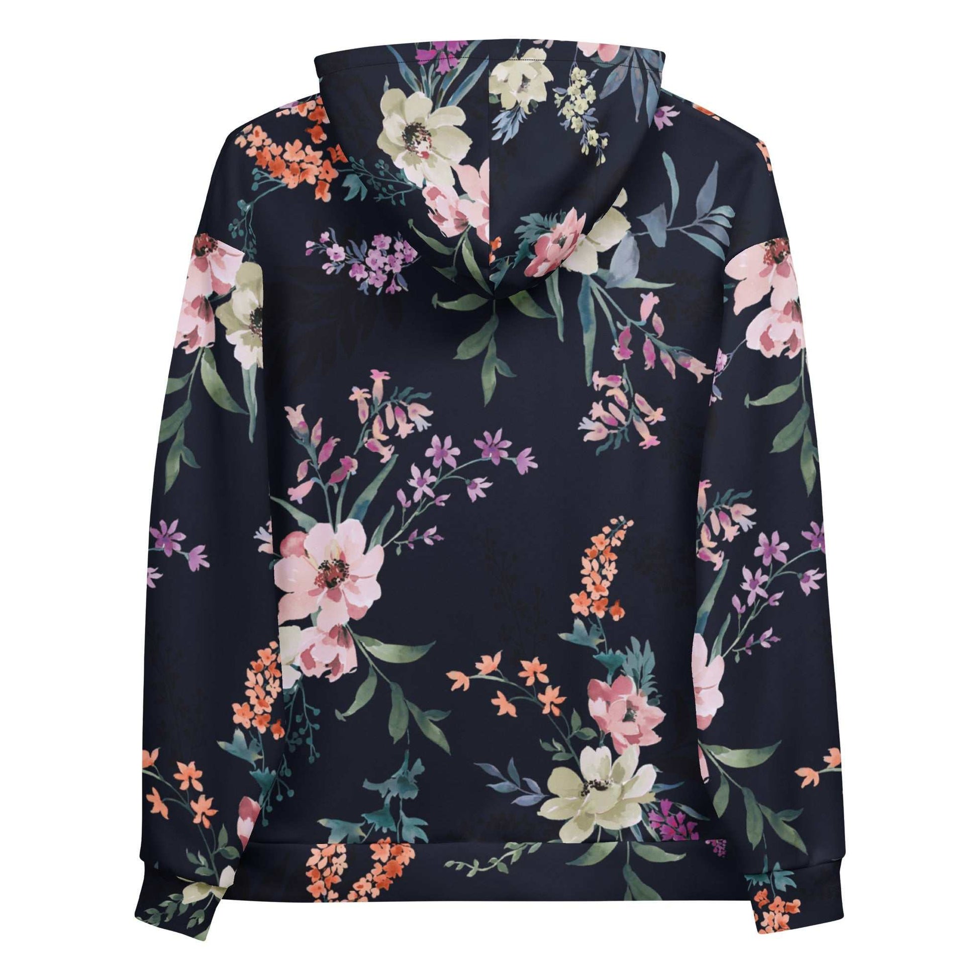 Back view of the Kew Botanical Hoodie against a white background, showcasing the intricate navy and blush wildflower print and the white BunnyBankY London arched branding.