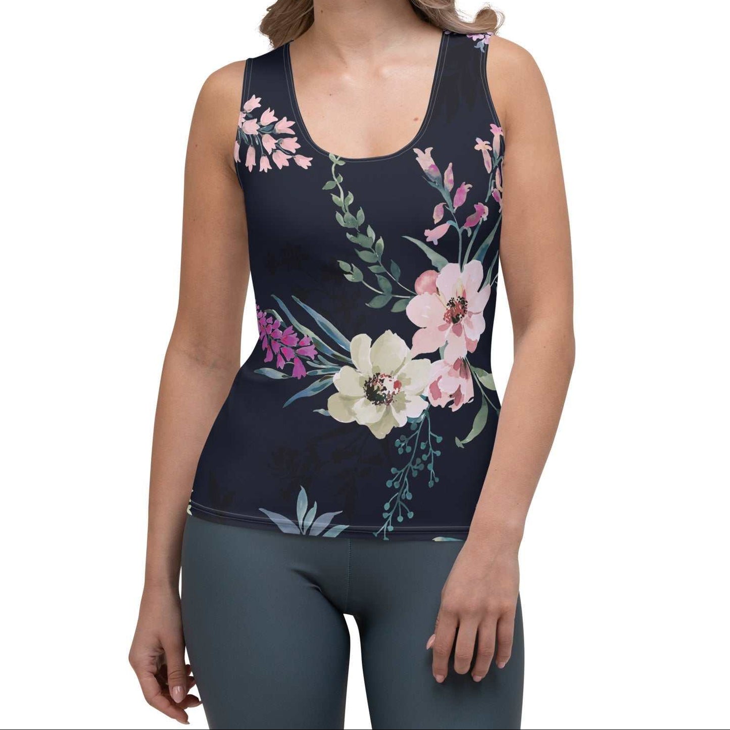 Model wearing the  kew botanical performance tank by BunnyBankY