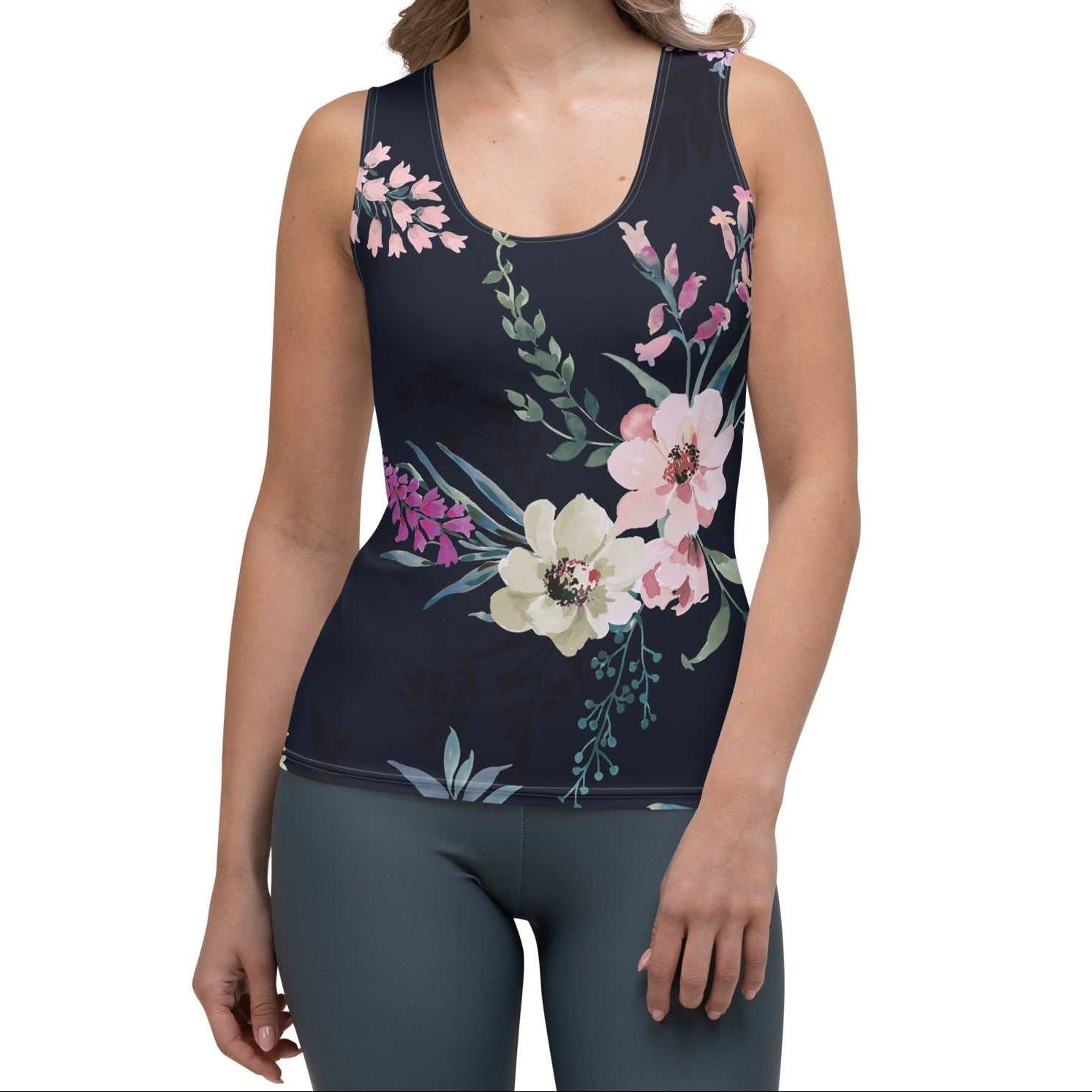 Model wearing the  kew botanical performance tank by BunnyBankY