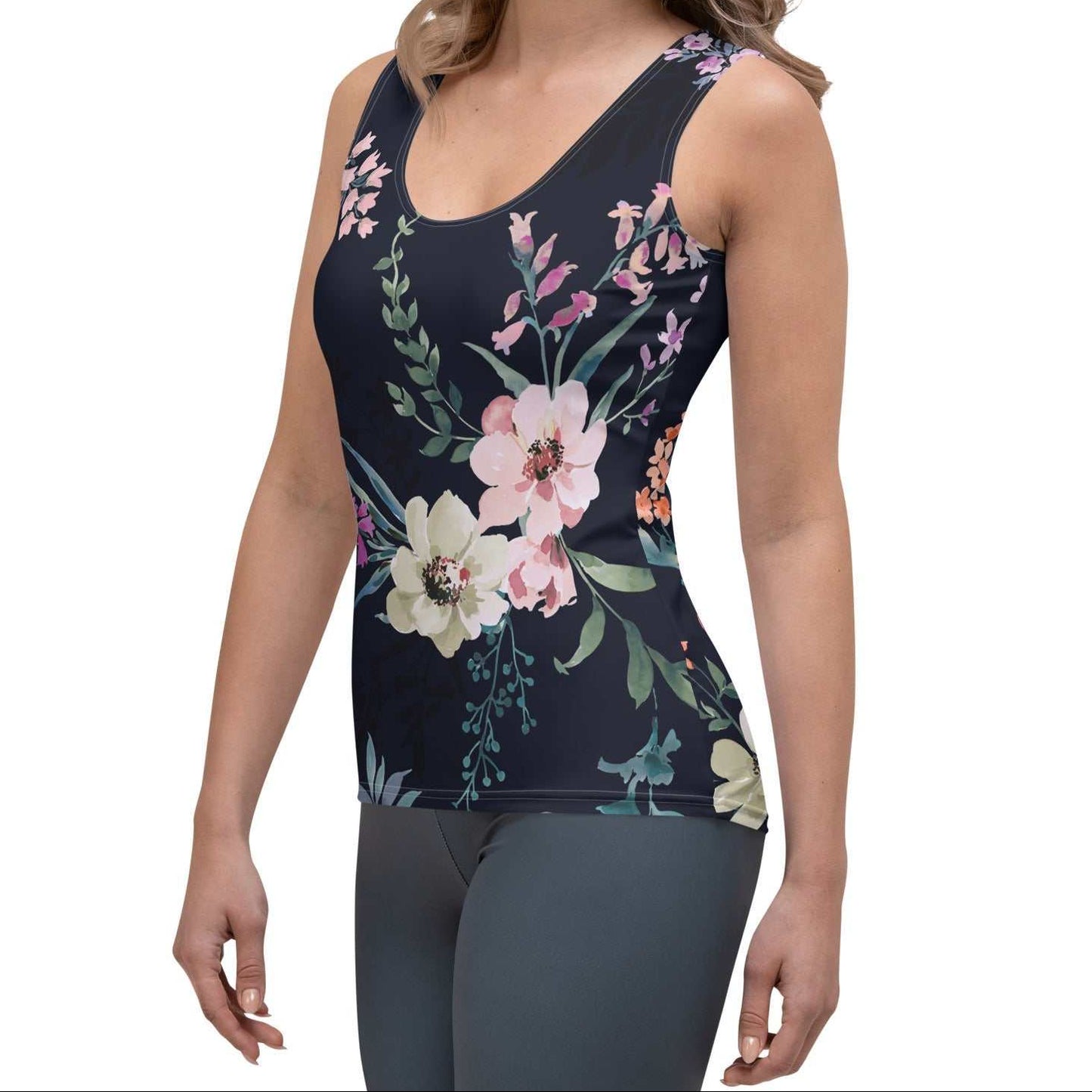 Model wearing the  kew botanical performance tank by BunnyBankY
