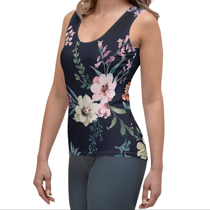 Model wearing the  kew botanical performance tank by BunnyBankY