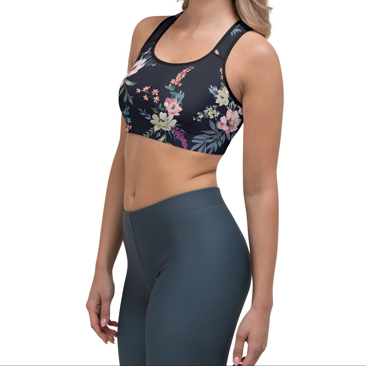 Model wearing the kew botanicals performance bra