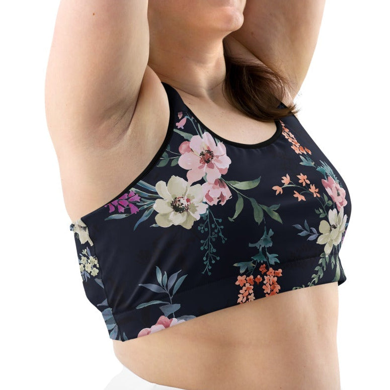 Model wearing the kew botanicals performance bra