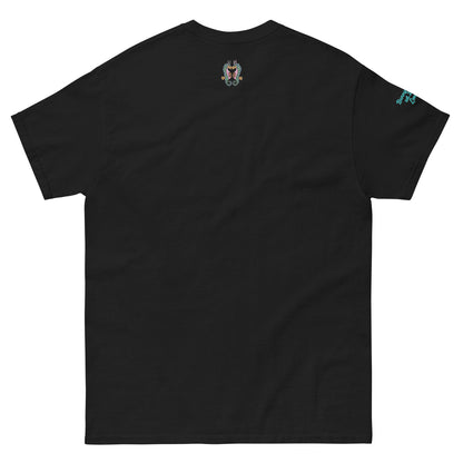 Back view of the BunnyBanky unisex classic black t-shirt featuring a colourful small printed seahorse at the back, and the word "LOVE" in teal and crimson block lettering, with a circular recycle arrow design forming the letter O at the front.
