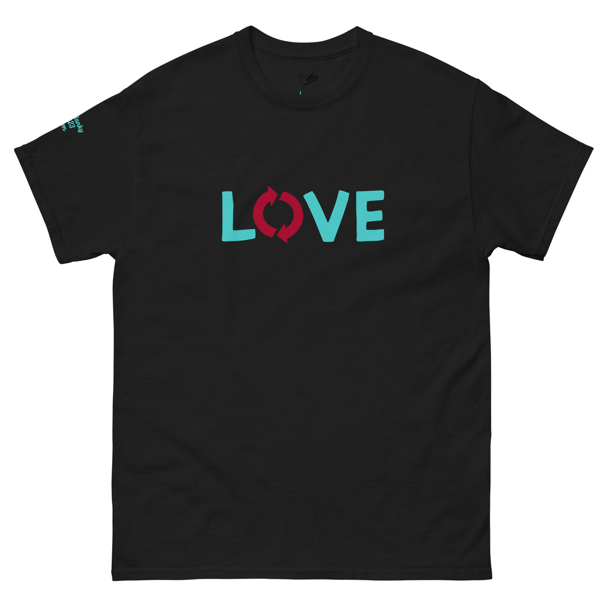 Front view of the BunnyBanky unisex classic maroon t-shirt featuring a colourful small printed seahorse at the back, and the word "LOVE" in teal and crimson block lettering, with a circular recycle arrow design forming the letter O at the front.